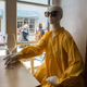 A mannequin dressed a creation of a local designer at a restaurant in the Old Town of Vilnius, Lithuania